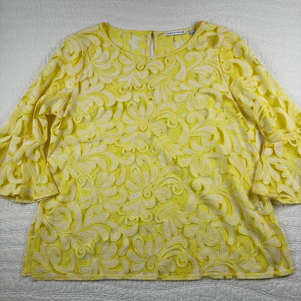 Notations Bell Sleeve Lace Blouse L Yellow Ribbon Embroidered Mesh Top Mod Sheer